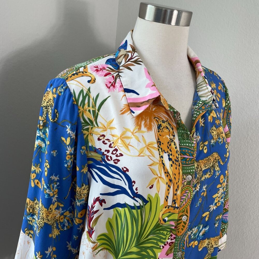 Rose + Olive Womens Plus 1X Tropical Leopard Animal Print Button Up Shirt Blouse - Picture 2 of 12